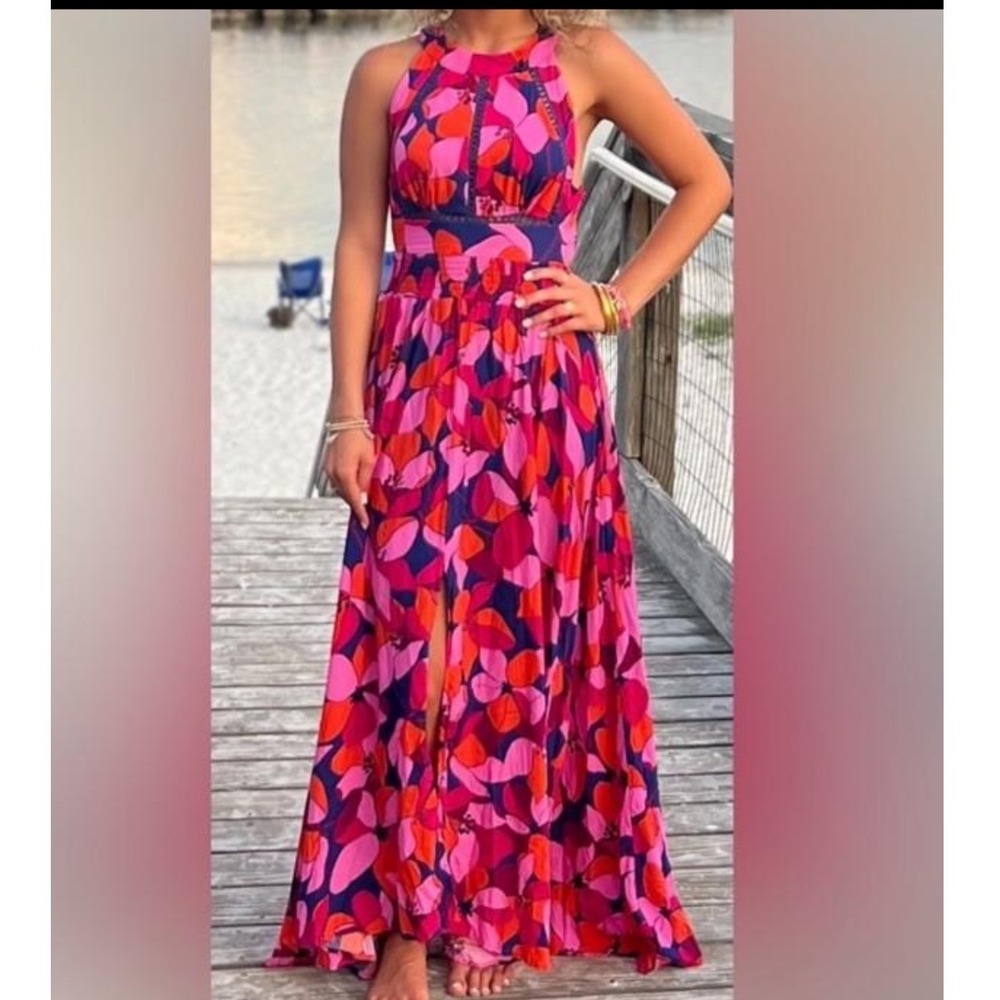 Abel The Label Pink Orange Floral Halter Maxi Dress Small